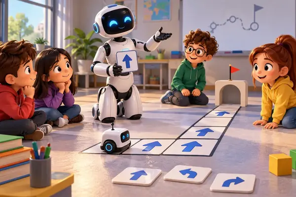 7. sınıf Yapay Zekâ dersinin 12. hafta görseli: sınıfta öğrencilere yön karolarıyla rota anlatan robot öğretmen
