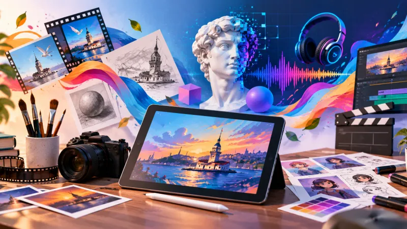 7. sınıf Dijital Sanatlar dersinin görseli: tablet ekranında renkli bir dijital çizim; çevresinde fotoğraf makinesi, fırçalar, ses dalgası, film şeridi, renk paleti ve üç boyutlu heykel modeli