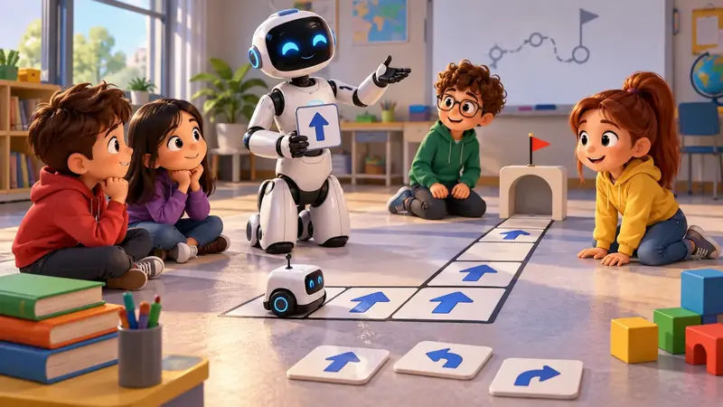 7. sınıf Yapay Zekâ dersinin 12. hafta görseli: sınıfta öğrencilere yön karolarıyla rota anlatan robot öğretmen