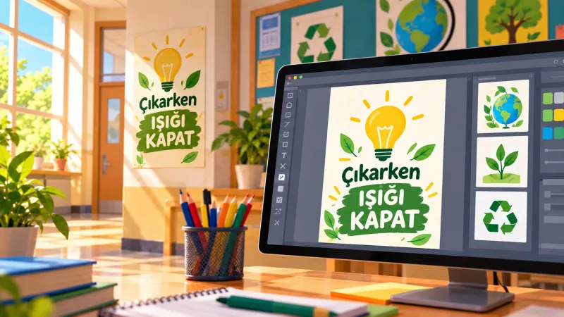Okul koridorunda ampul görselli "Çıkarken ışığı kapat" afişi ve aynı afişin bilgisayar ekranında tasarlanması