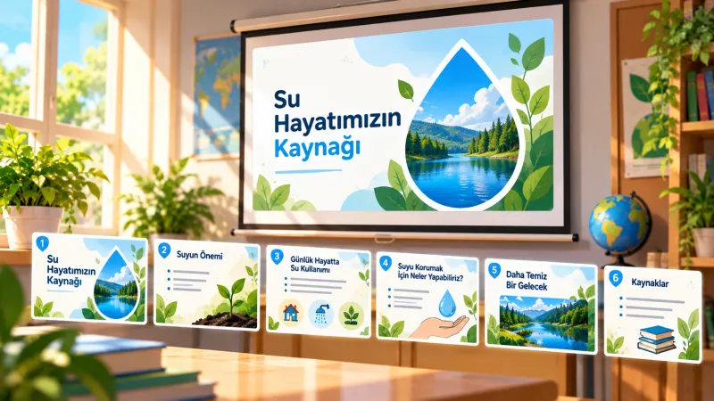 Tek bir konuyu anlatan beş slayt ve en sonda kaynaklar slaytı, küçük kartlar hâlinde yan yana dizilmiş