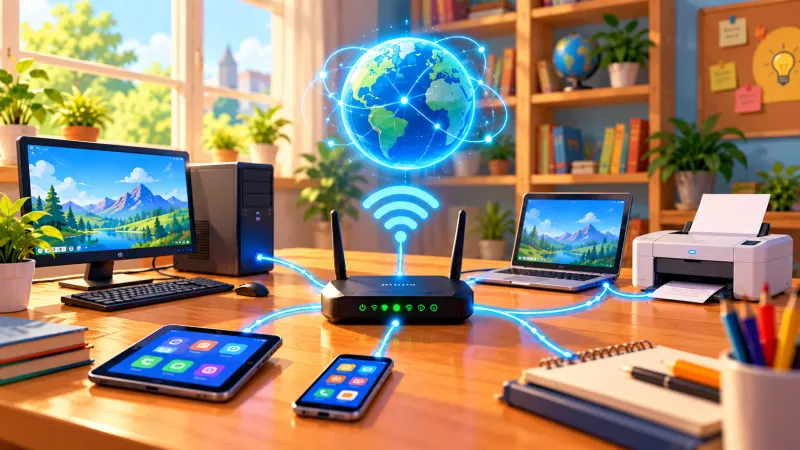 Masada yönlendiriciye bağlı masaüstü bilgisayar, dizüstü bilgisayar, tablet, telefon ve yazıcı; üstte ağla sarılı parlayan dünya küresi