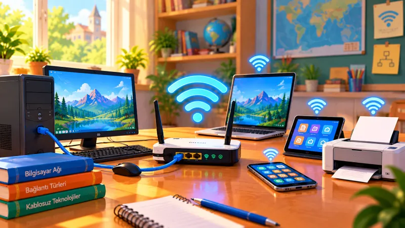 Kabloyla yönlendiriciye bağlı masaüstü bilgisayar ve kablosuz bağlanan dizüstü bilgisayar, tablet, telefon ve yazıcı