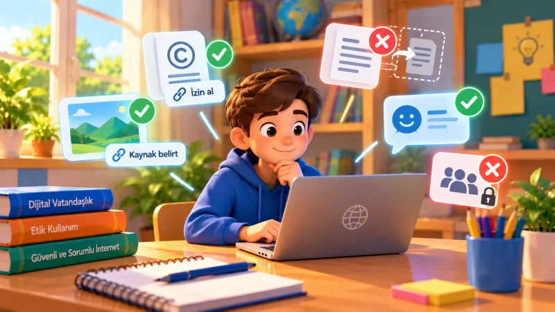 Dizüstü bilgisayar başında düşünen öğrencinin çevresinde onay işaretli izin alma ve kaynak belirtme kartları ile çarpı işaretli kopyalama kartları
