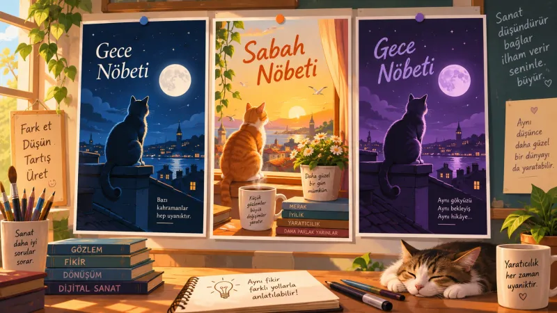 Üç afiş yan yana: solda orijinal gece afişi (mavi çatılar, ay, çatıda kedi, "Gece Nöbeti"); ortada esinlenmiş sürüm (gündüz, turuncu-sarı, pencere pervazında kedi, saksı, "Sabah Nöbeti" ve yeni mesaj); sağda neredeyse kopya (aynı yerleşim ve ögeler, yalnız renk mora kaymış, yazı tipi farklı)