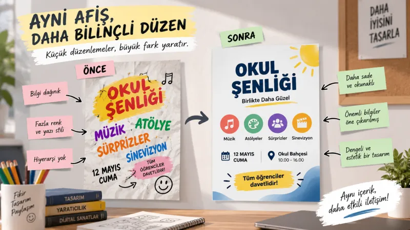 Aynı içerikli bir etkinlik afişinin iki sürümü yan yana: önce — başlık, üç görsel, tarih ve slogan aynı büyüklükte, kenarları hizasız, sıkışık, odak yok; sonra — başlık üstte tek başına, ana görsel ortada ve çevresi boş, tarih ile slogan aynı hizada altta, sayfa dengeli; iki sürümde de "doğru / yanlış" etiketi yok