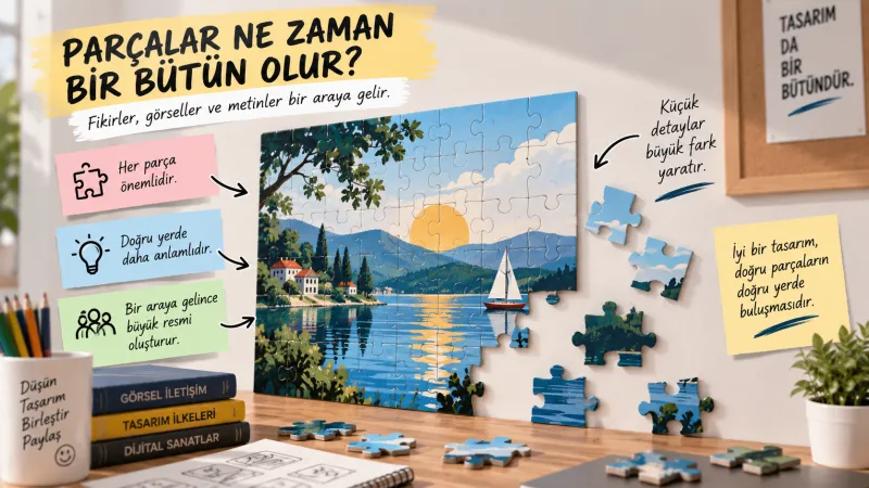 Aynı beş-altı görsel parçanın (başlık, fotoğraf, ikonlar, metin kutusu, küçük şekiller) iki düzeni yan yana: solda parçalar birbirinden kopuk, farklı stil ve renklerde, rastgele dağılmış; sağda aynı parçalar tekrar eden biçim ve ortak renk ailesiyle, hizalı ve boşluklu, tek bir tasarım gibi; iki düzende de "doğru / yanlış" etiketi yok