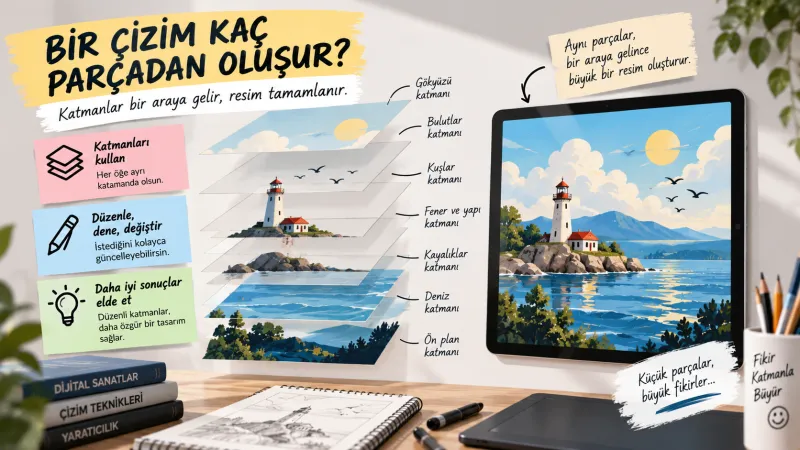 Aynı sade karakterin iki sunumu: solda final görünüm (mavi duvar önünde sarı tişörtlü, gözlüklü karakter); sağda aynı karakter hafifçe ayrılmış dört katman hâlinde — arka plan, gövde, yüz, aksesuar — üst üste duran saydam yüzeyler gibi; yazılım ekran görüntüsü değil, öğretim görseli
