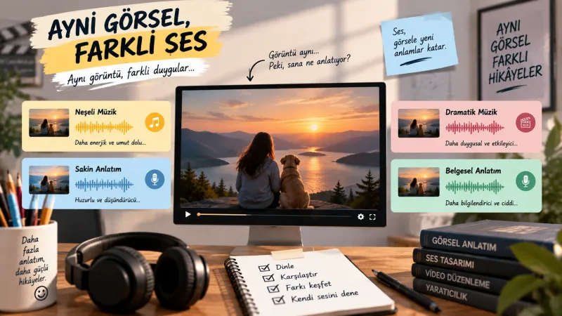 Pencereden bakan bir çocuğun aynı sahnesi üstte; altında dört ses atmosferini temsil eden dört şerit: düz çizgi (sessiz), kıpır kıpır yükselen dalga ve nota simgesi (neşeli müzik), ince sık damla dalgası (yağmur), alçak kalın uğultu dalgası (gerilim); şeritlerde iyi/kötü etiketi yok