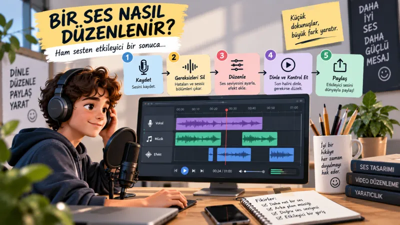 Üç parçalı ses zaman çizelgesi alt alta: ham kayıt (başta uzun sessizlik, sonda sert kesilmiş), kesilmiş sürüm (sessizlik çıkarılmış, parça kısalmış), başlangıç ve bitişi yumuşatılmış sürüm (dalganın iki ucu kademeli inceliyor); menü ya da düğme görüntüsü yok