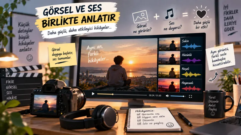 Eski bir taş sokak ve kapıda kedi görseli üstte; altında üç farklı ses seçeneğini temsil eden üç dalga/atmosfer şeridi: yumuşak ezgi ve kuş (huzur), yoğun trafik dalgası (kalabalık), seyrek rüzgâr ve gıcırtı (gizem); şeritlerde doğru/yanlış etiketi yok