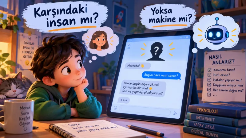Sahne — Sohbet ekranı: öğrenci yazışıyor, karşı tarafta kimin olduğu görünmüyor; sınıf hangi soruların ele vereceğini tartışıyor