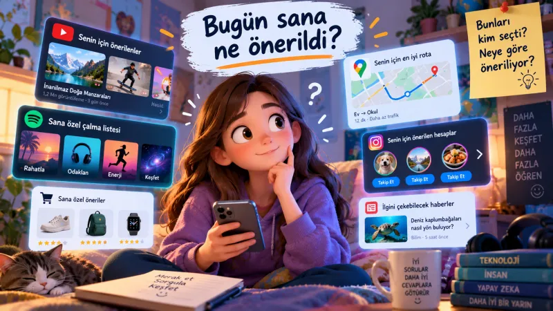 Sahne — Telefon ekranında öneriler: video, şarkı ve klavye önerisi; sınıf bunları kimin, neye bakarak seçtiğini tartışıyor