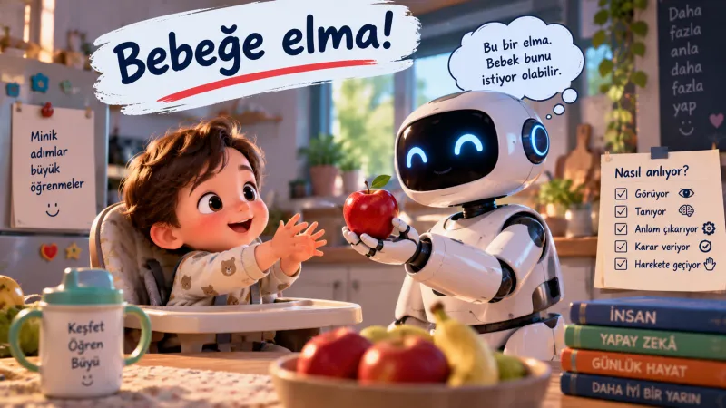 Sahne — Küçük bir çocuğa elma gösteriliyor; yanındaki bilgisayar ekranında elma fotoğrafları; sınıf "bilgisayara nasıl öğretiriz?" diye tartışıyor