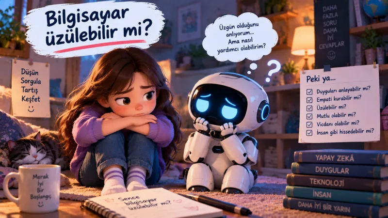 Sahne — Üzgün bir öğrenci ve ona dönük bir bilgisayar ekranı; sınıf programın bunu fark edip edemeyeceğini, üzülüp üzülemeyeceğini tartışıyor