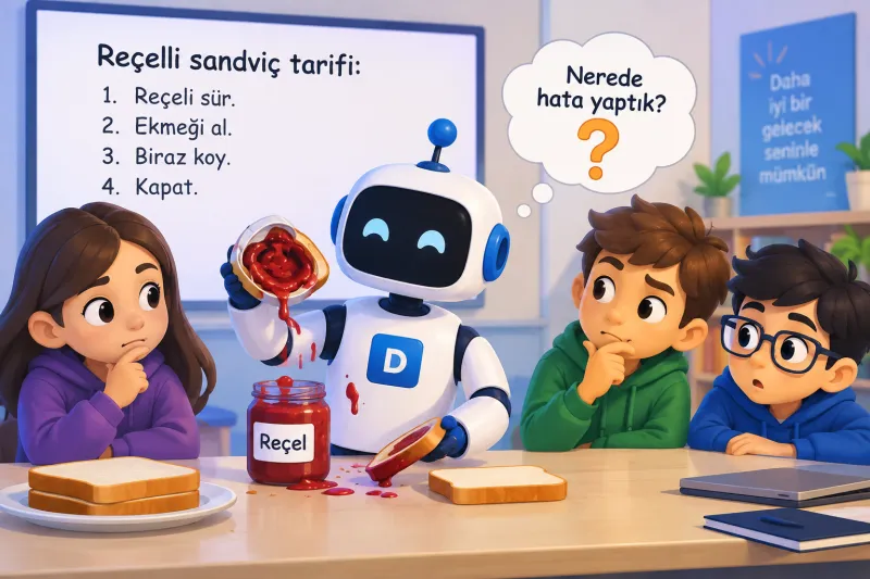 Sahne — Sandviç robotu: tahtada "Reçelli sandviç tarifi: Reçeli sür, Ekmeği al, Biraz koy, Kapat"; robot tarifi harfiyen uygulayıp reçeli her yere bulaştırmış; üç öğrenci düşünüyor: "Nerede hata yaptık?"