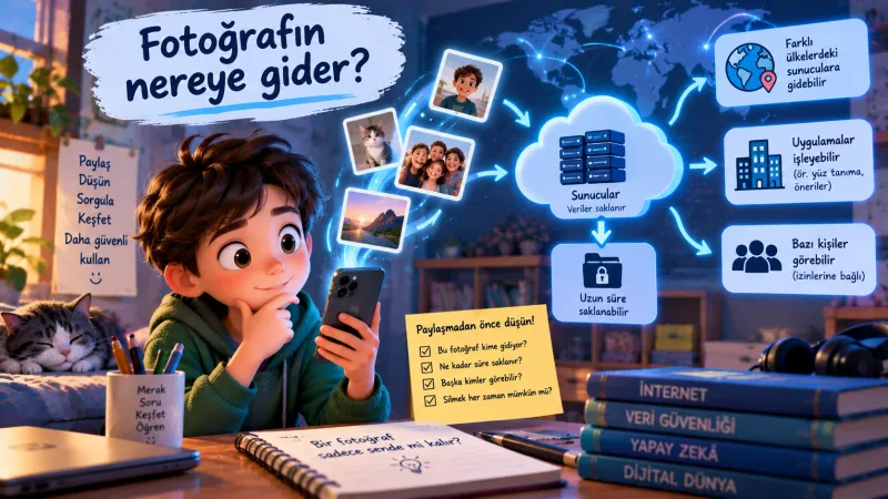 Sahne — Telefondan yüklenen bir fotoğraf ok izleriyle uzaktaki bir bilgisayara gidiyor; sınıf onu kimlerin görebileceğini tartışıyor
