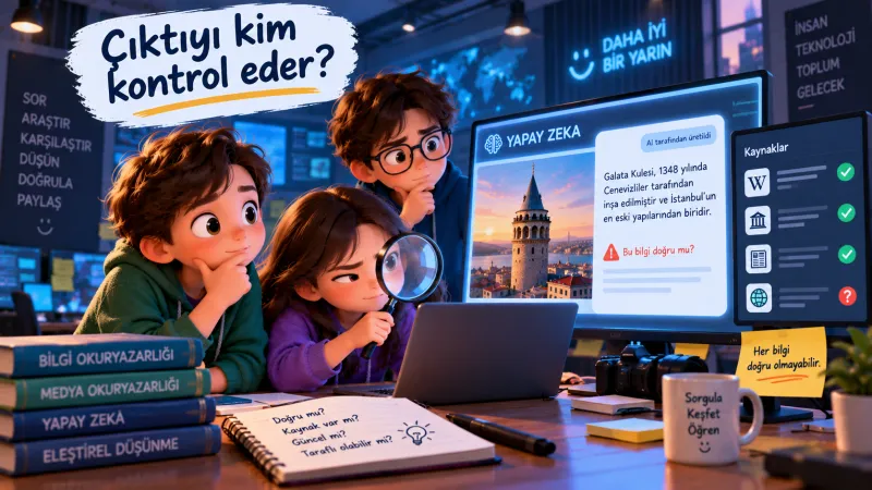 Sahne — Ekranda bir aracın tuhaf çevirisi ve yanlış bitki adı; bir öğrenci sözlükle karşılaştırıyor; sınıf çıktıyı kimin kontrol edeceğini tartışıyor