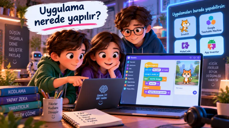 Sahne — Bilgisayar ekranında renkli blokların yapboz gibi birbirine takıldığı bir çalışma alanı; öğrenciler merakla bakıyor