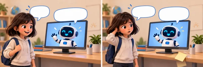 Sahne — Unutan bot, iki panel: öğrenci "Ece" der, ekrandaki karakter "Merhaba, Ece!" der; ikinci soruda öğrenci "Matematik" deyince karakter "Görüşürüz, Matematik!" der ve Ece yazan not kartı masadan düşer