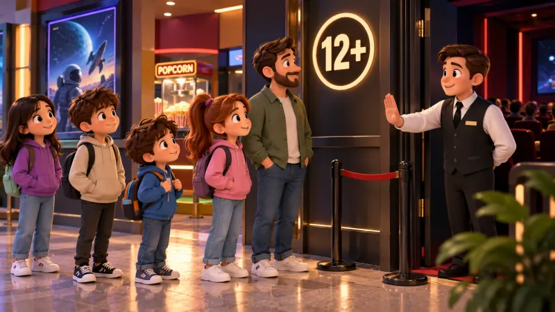 Sahne — Kapıdaki görevli: sinema girişinde "12+" tabelası; sırada dört çocuk ve yanlarında bir yetişkin bekliyor; görevli ip bariyerin arkasında eliyle dur işareti yapıyor; kimin geçeceği belli değil