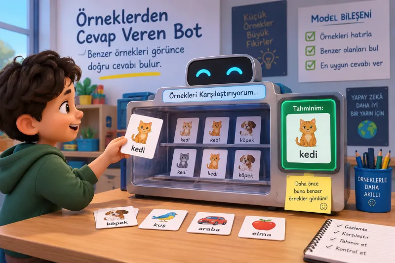 Sahne — Örneklerden cevap veren bot: öğrenci "kedi" kartını gösteriyor; botun vitrininde kedi/köpek örnek kartları, ekranda "Tahminim: kedi"; masada köpek, kuş, araba, elma kartları