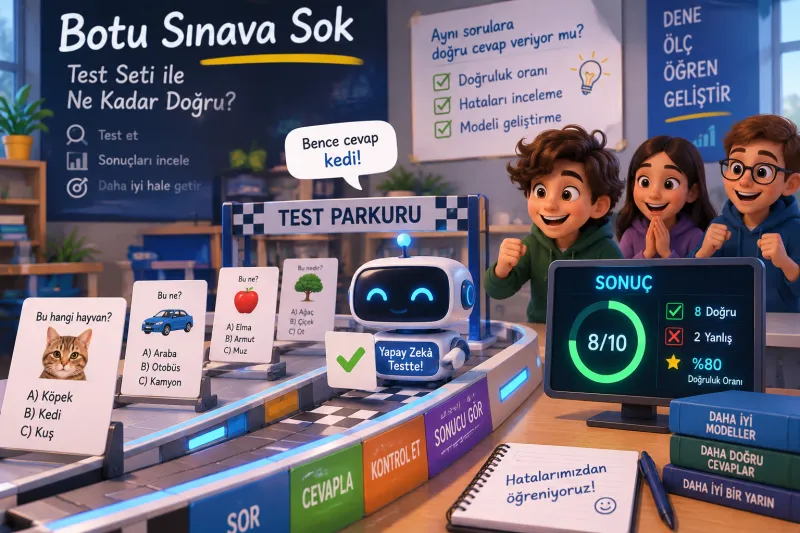 Sahne — Bot sınava giriyor: robot "Test Parkuru"nda resimli soru kartlarına cevap veriyor ("Bence cevap kedi!"); ekranda Sonuç 8/10, 8 doğru 2 yanlış, %80; üç öğrenci heyecanla izliyor