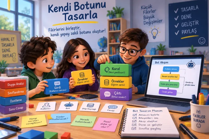 Sahne — Kendi botunu tasarla: üç öğrenci Girdi, Örnekler, Kural, Çıktı bloklarını üst üste diziyor; dizüstünde "Bot Akışım" şeması, defterde "Bot Tasarım Planım" listesi