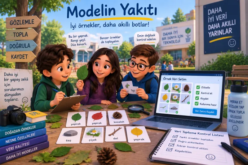 Sahne — Modelin yakıtı: parkta üç öğrenci yaprak, taş, kozalak kartlarını etiketliyor; dizüstünde "Örnek Veri Setim" ve onay kutuları; ağaçta dört yön tabelası; masada kamera ve büyüteç